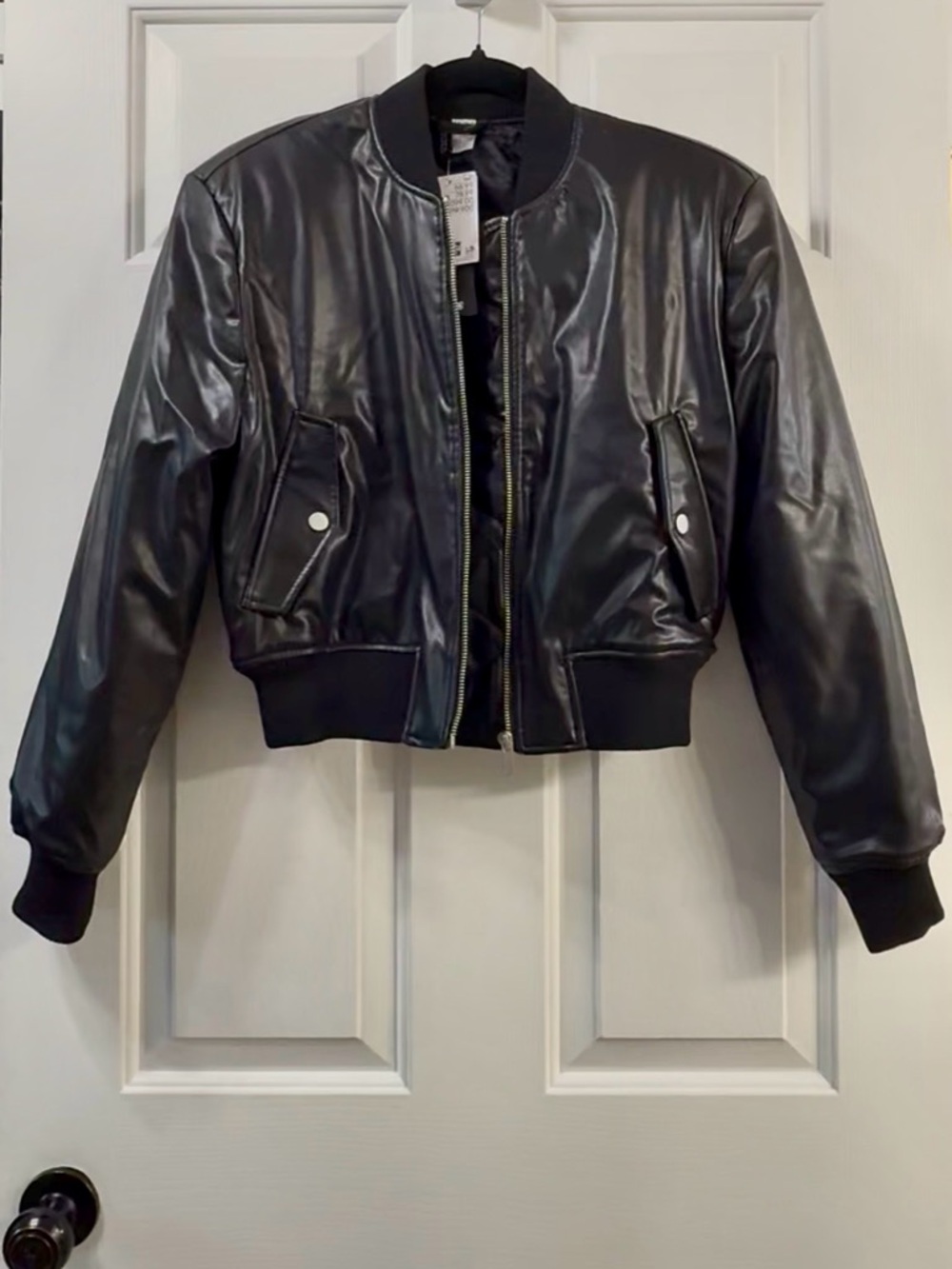 H&M Black Glossy Faux Leather Bomber Jacket